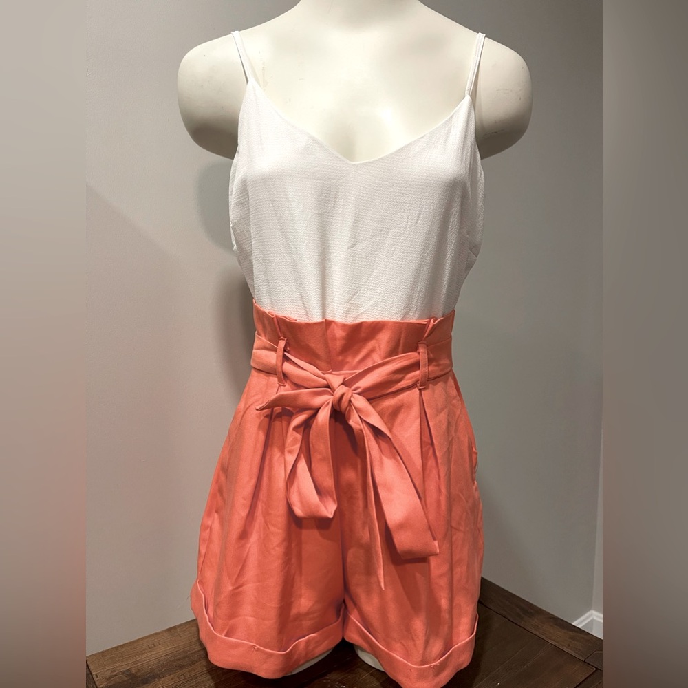Windsor Romper Medium pleated high rise belted shorts spaghetti strap 2” inseam